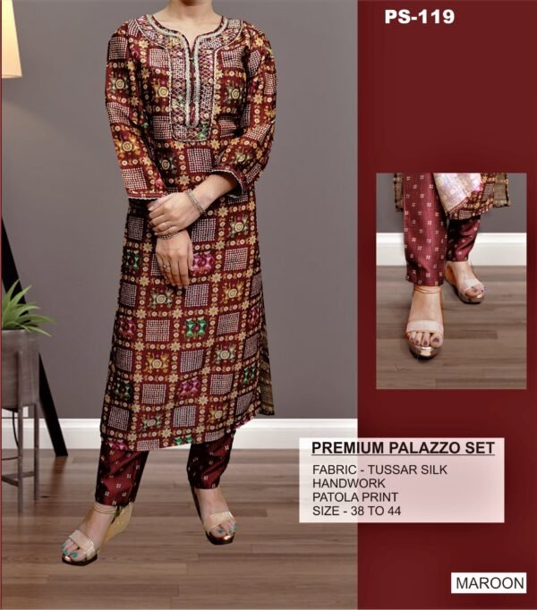 Premium Tussar Silk Palazzo Set with Patola Print & Handwork