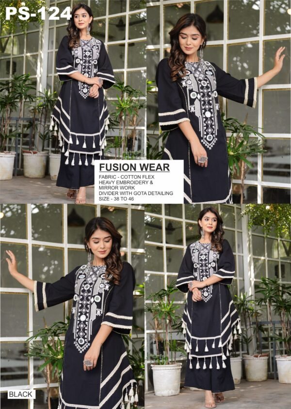 Fusion Wear Cotton Flex Set with Heavy Embroidery & Mirror Work