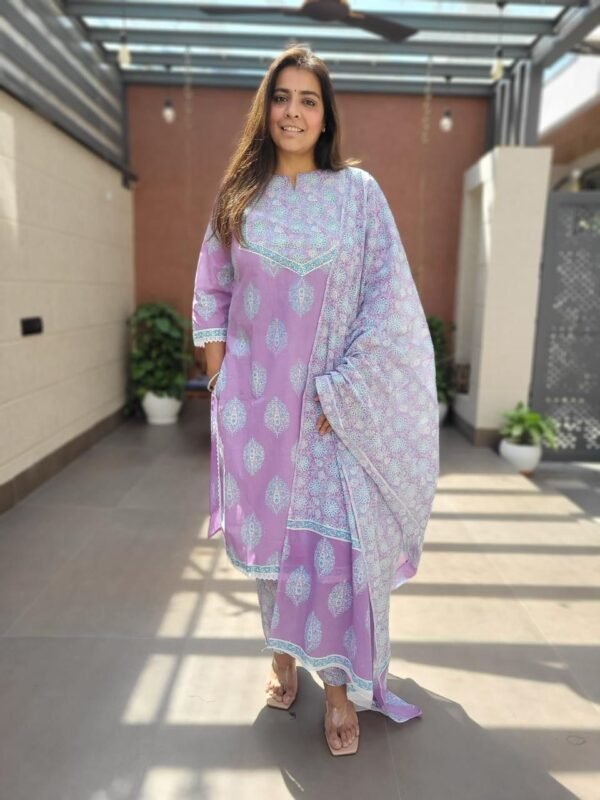 Pure Cotton 3PC Suit Set with Khadi Print, Zari, Beads & Crochet Lace Work