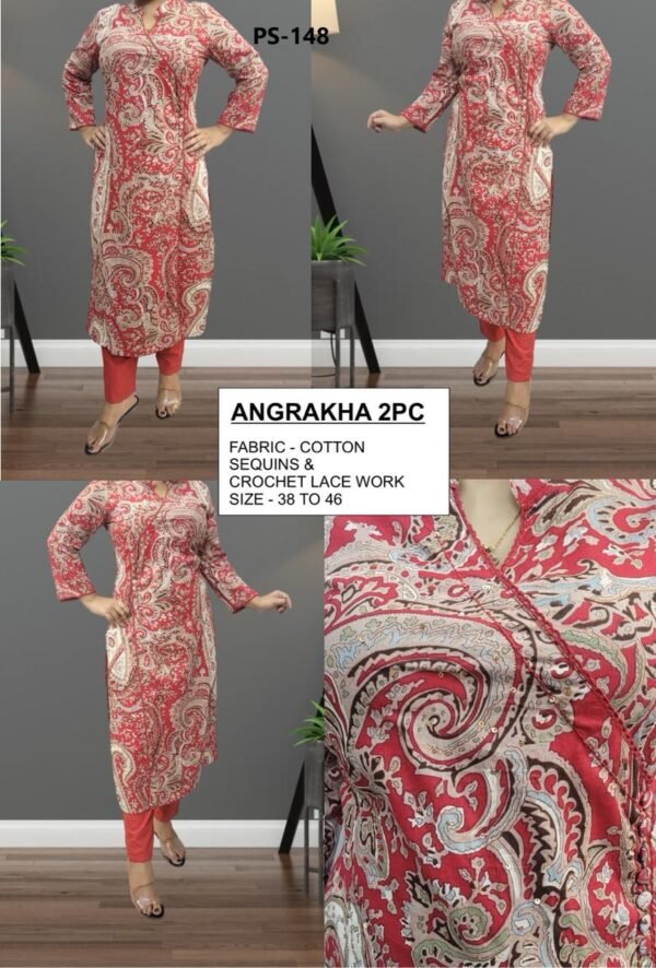 Cotton Angrakha 2PC Set with Sequins & Crochet Lace Work