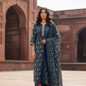 Cotton 3PC Suit Set with Elegant Embroidered Yoke (Navy Blue)