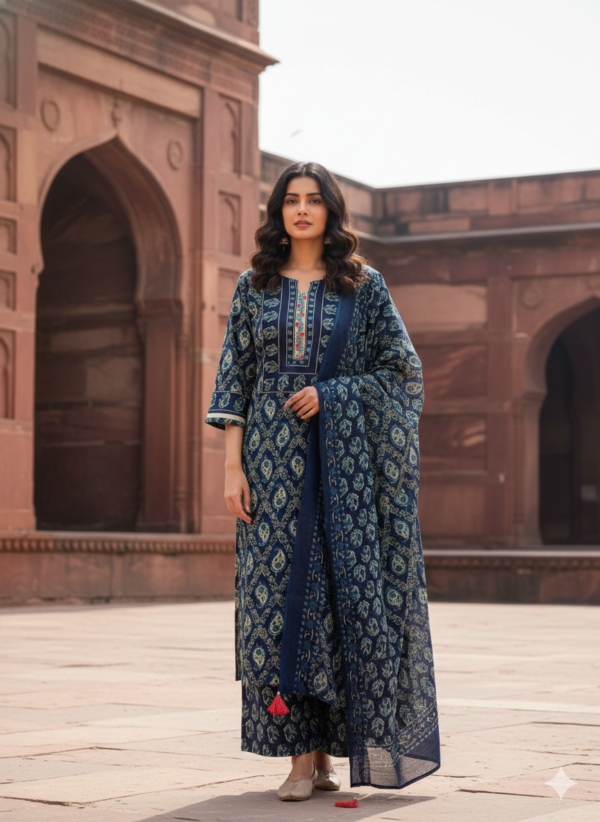 Cotton 3PC Suit Set with Elegant Embroidered Yoke (Navy Blue)