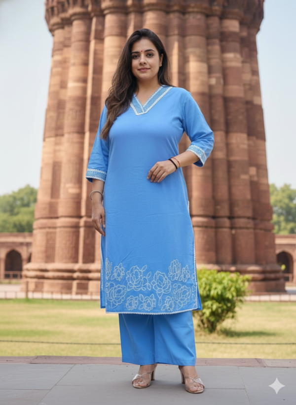Pure Cotton V-Neck Palazzo Set with Embroidery