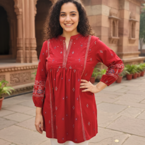 Printed Cotton Tunic with Beadwork - Red, 40