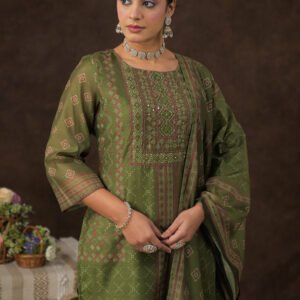 Chanderi Handwork 3PC Suit Set with Placement Print