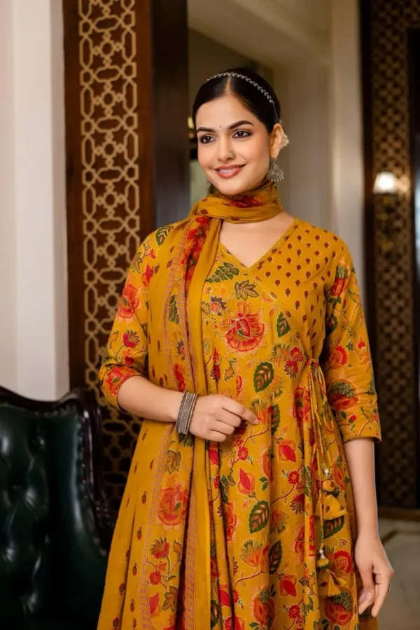 Angrakha Style Anarkali 3PC Set in Pure Cotton with Change Work