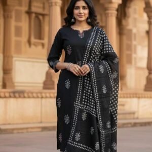 Pure Cotton Handblock 3PC Suit Set - Grey, 40