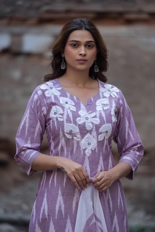 Handloom Ikkat Cotton 3PC Suit Set with Appliqué Work