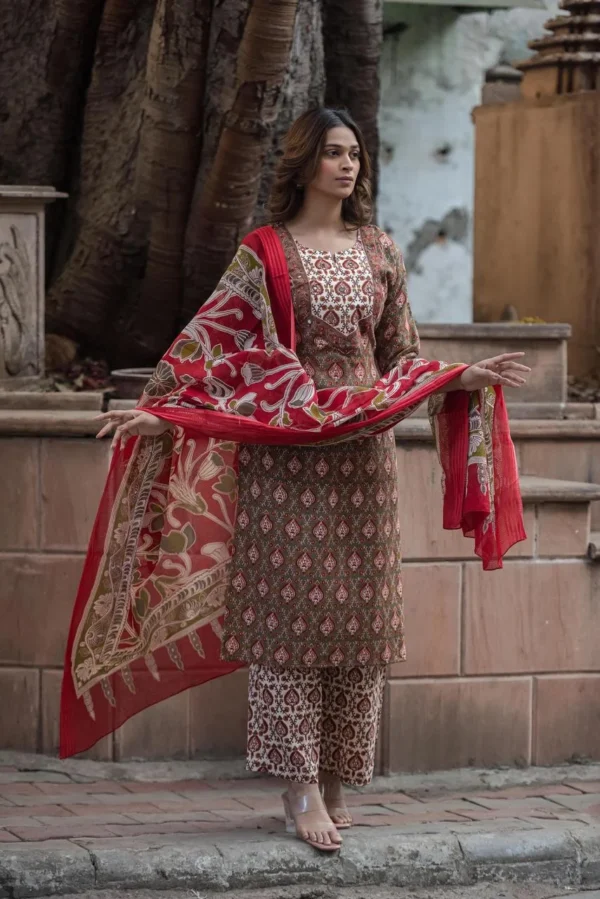Jam Satin Printed 3PC Suit Set with Mirror Work