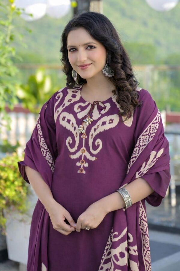 Ikkat Print Cotton 3PC Set with Mirror & Handwork