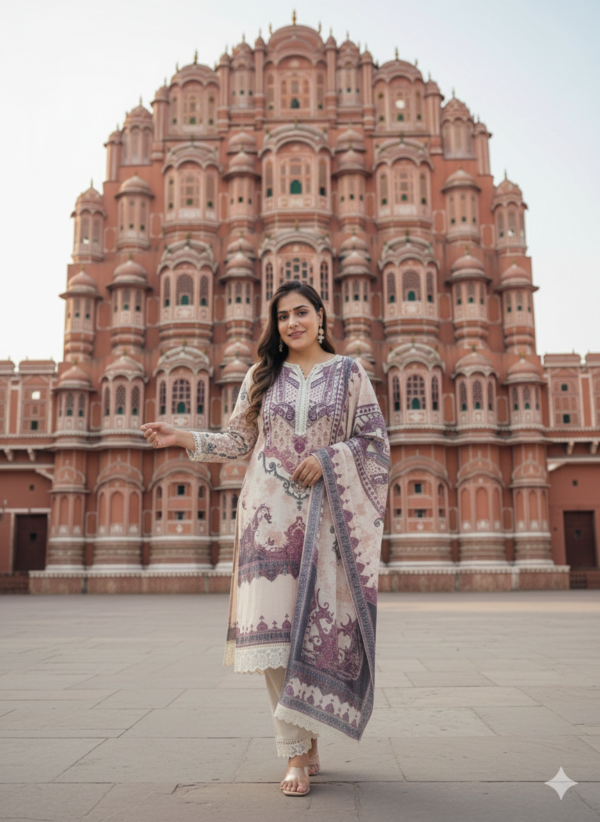 Pure Muslin Ivory Suit Set with Crochet Lace & Sequin Work