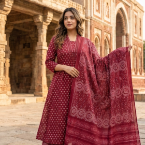 Kalamkari 3PC Cotton Set with A-Line Kurta & Palazzo