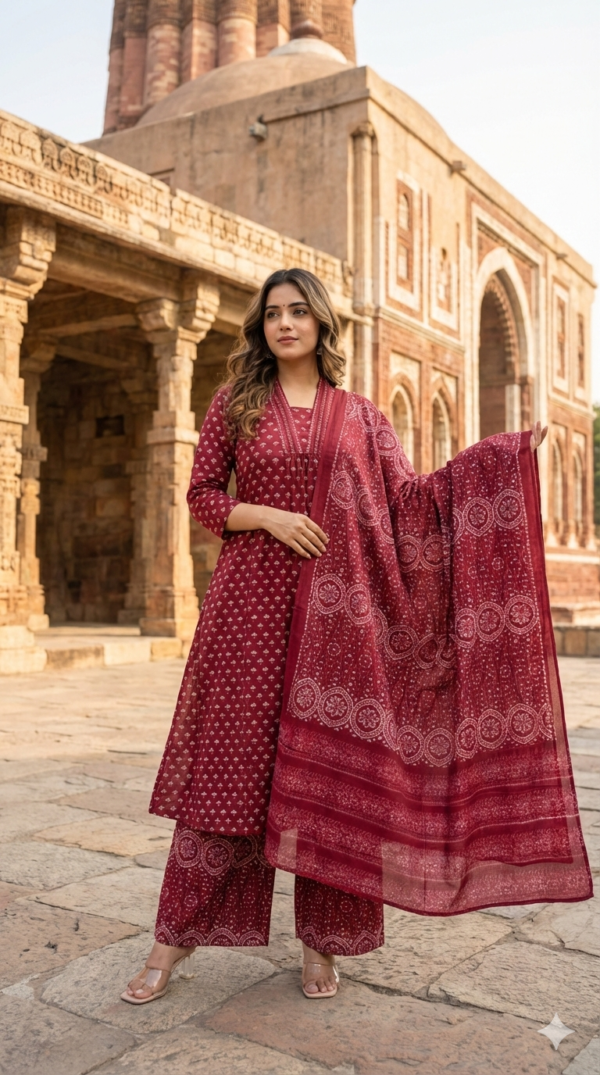 Kalamkari 3PC Cotton Set with A-Line Kurta & Palazzo