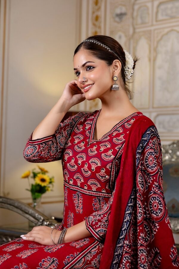 Ajrakh Cotton Suit Set with Sequins & Panel Design
