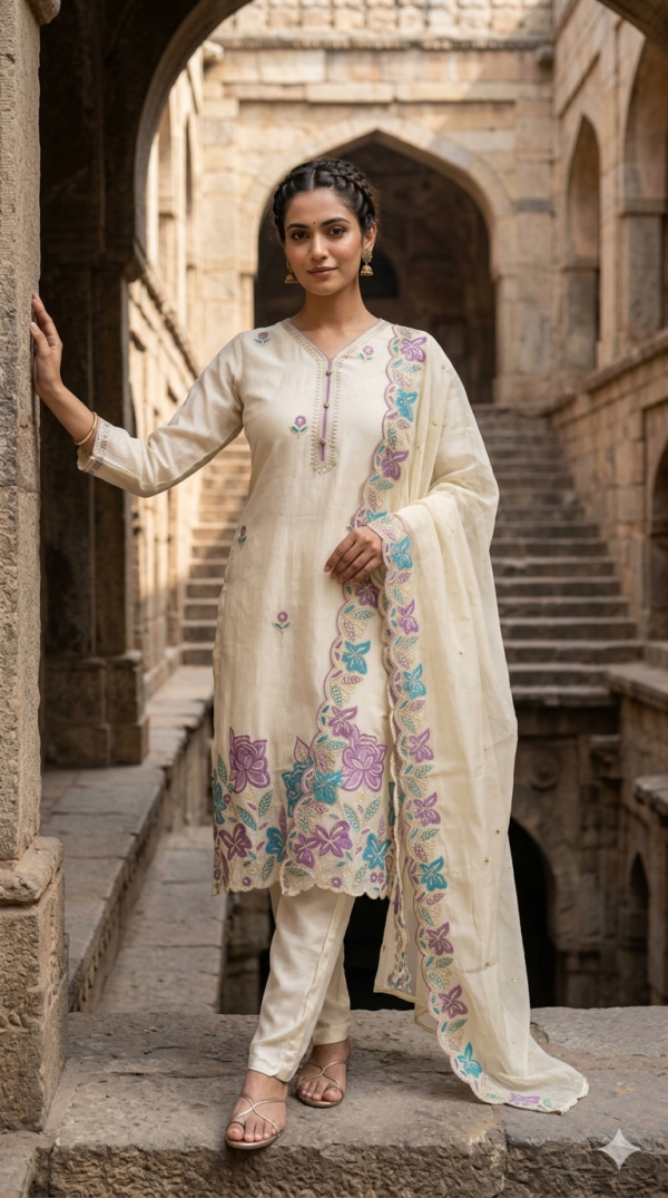 Tissue Semi-Partywear 3PC Suit Set with Zari & Embroidery Detailing