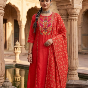 Heavy Kantha Work Suit Set in Linen Slub with A-Line Kurta