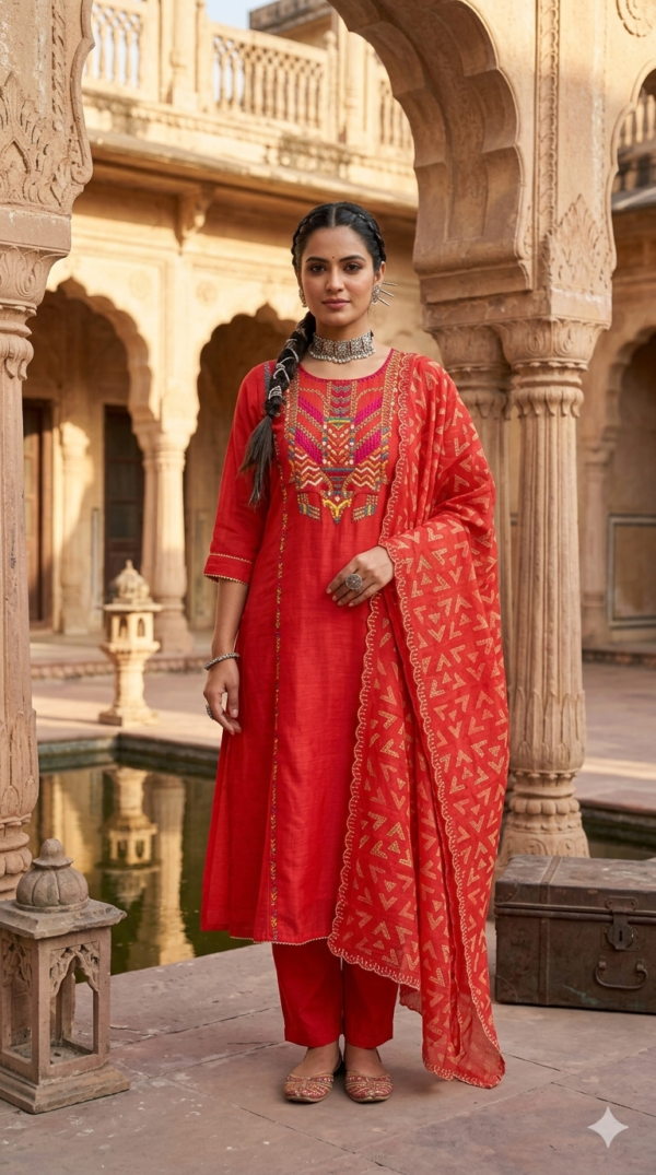 Heavy Kantha Work Suit Set in Linen Slub with A-Line Kurta