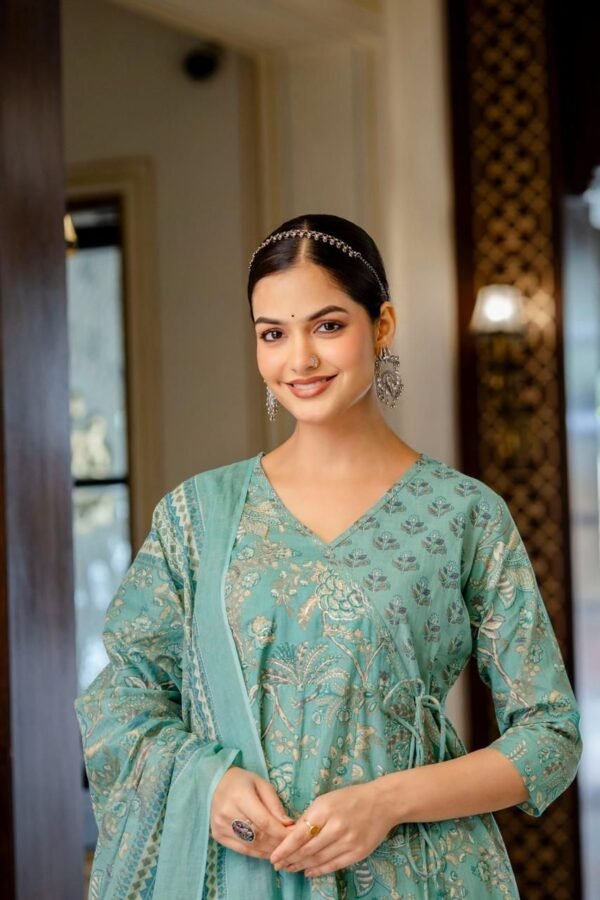 Elegant Angrakha Anarkali Cotton 3PC Set with Traditional Badla Work