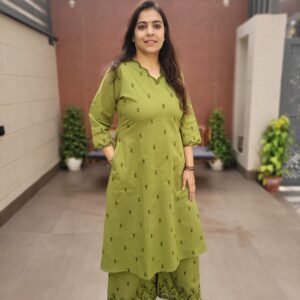 A-Line Cotton 2PC Set with Embroidered Kurta & Palazzo - Green, 38