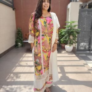 Cotton 3PC Set with Heavy Lace Work & Patch Dupatta - Pink, 42