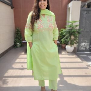 Cotton 3PC Set with Embroidered Yoke & Sleeves