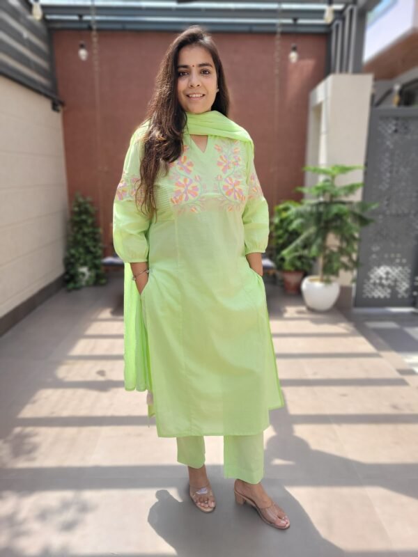 Cotton 3PC Set with Embroidered Yoke & Sleeves