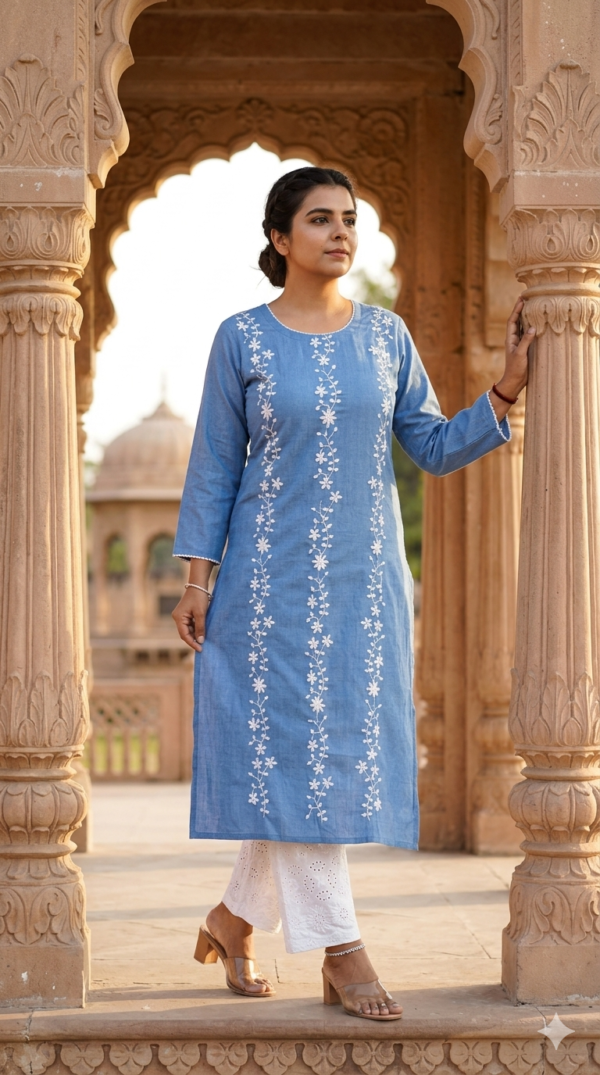 Denim Cotton 2PC Set with Handwork & Chikankari Palazzo