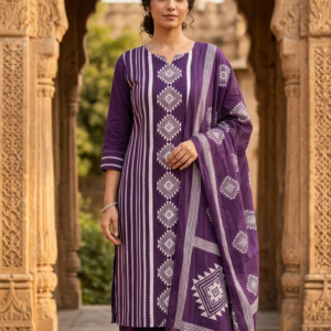 Cotton 3PC Suit Set with Beadswork Panel & Wide Palazzo
