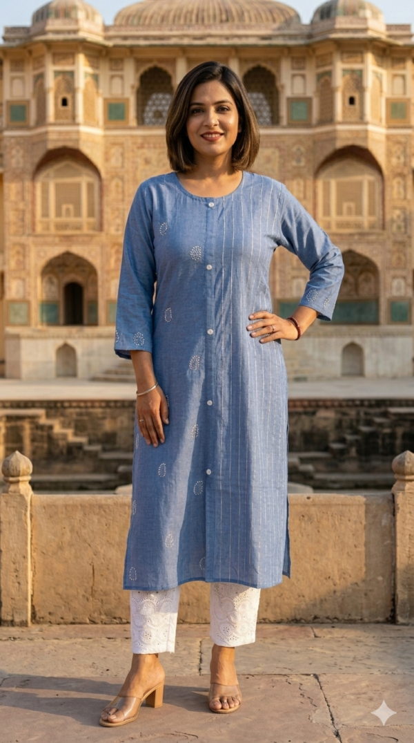 Denim Cotton 2PC Set with Handwork & Chikankari Palazzo