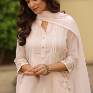 Mul Cotton 3PC Set with Pintucks & Embroidered Pockets