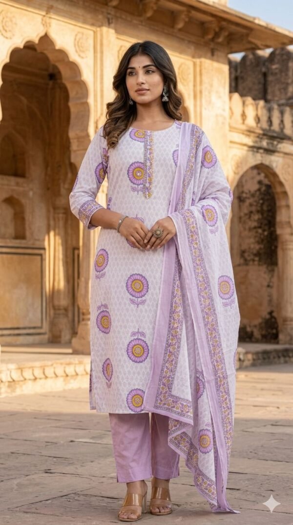 Cotton 3PC Set with Handwork & Full Cotton Dupatta