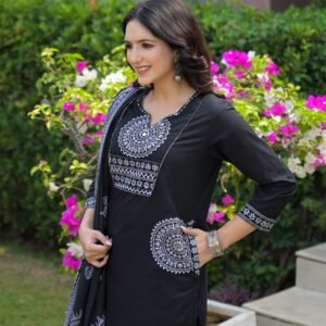 Cotton 3PC Set with Handwork & Printed Dupatta