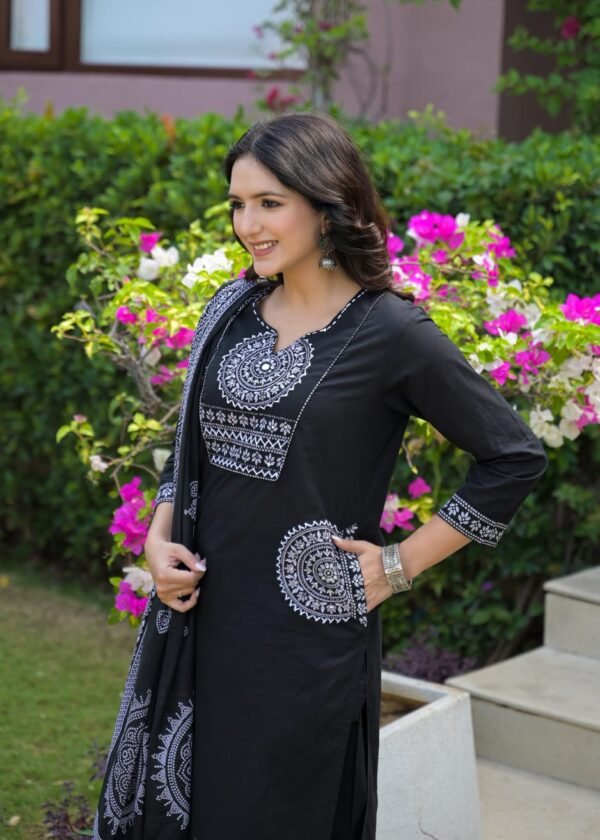 Cotton 3PC Set with Handwork & Printed Dupatta