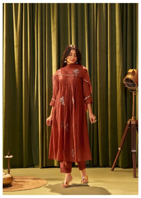 Mul Chanderi 3PC Set with Pintucks, Embroidery & Sequins Work