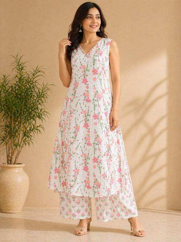 Sleeveless A-Line 2PC Set with Handwork Neckline