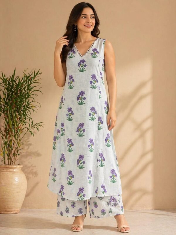 Sleeveless A-Line 2PC Set with Handwork Neckline
