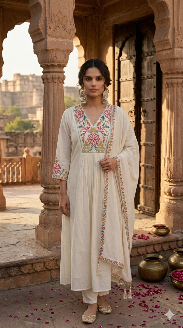 Mul Chanderi 3PC Set with Full Embroidery