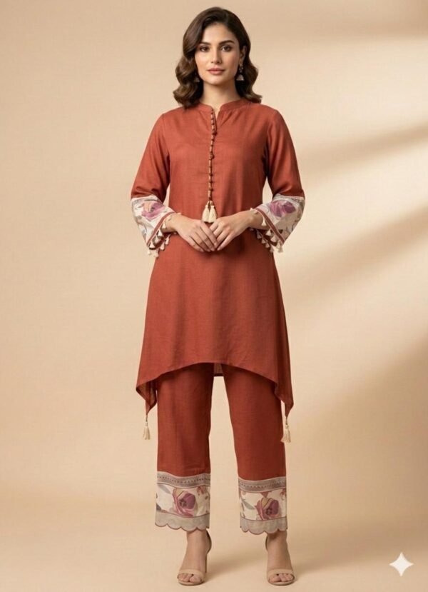 Stylish Premium Rayon Co-Ord Set with Sleeve & Bottom Embroidery