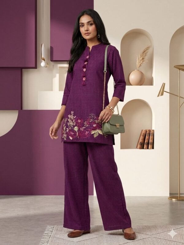 Yarn Dyed Cotton Co-Ord Set with Embroidery