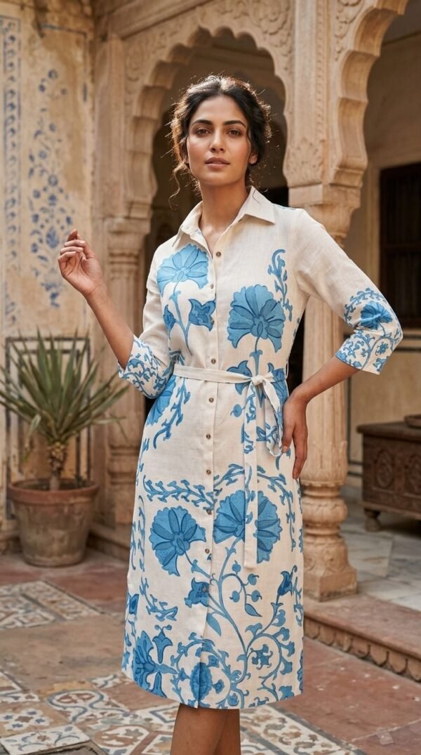 Linen Gown with Digital Print & Belt