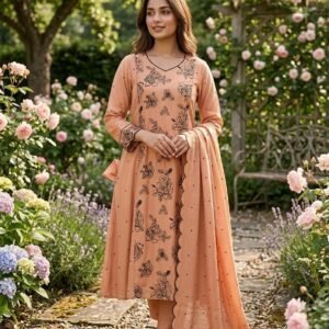 Mul Chanderi Embroidered A-Line 3PC Set