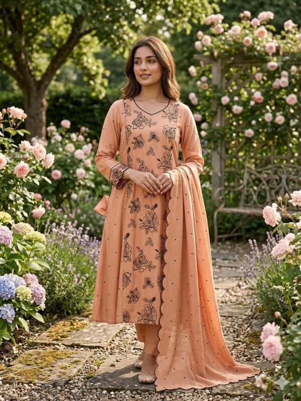 Mul Chanderi Embroidered A-Line 3PC Set