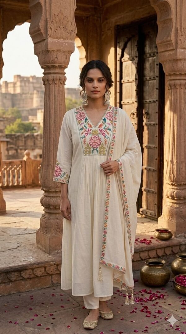 Mul Chanderi Embroidered 3PC Set