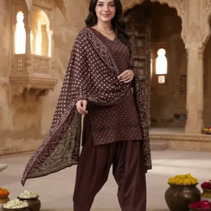 Traditional Farsi Cotton 3PC Set with Bandhej Dupatta
