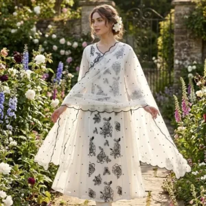 Elegant Mul Chanderi Embroidered A-Line 3PC Set