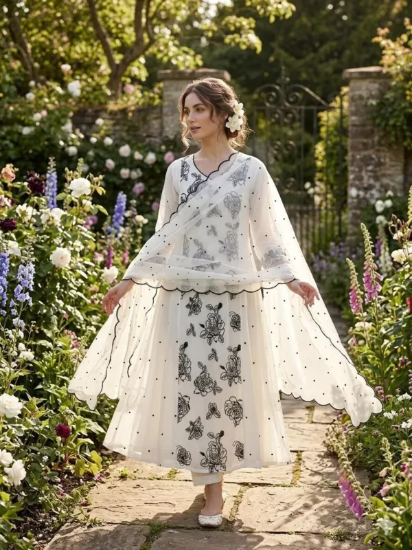 Elegant Mul Chanderi Embroidered A-Line 3PC Set